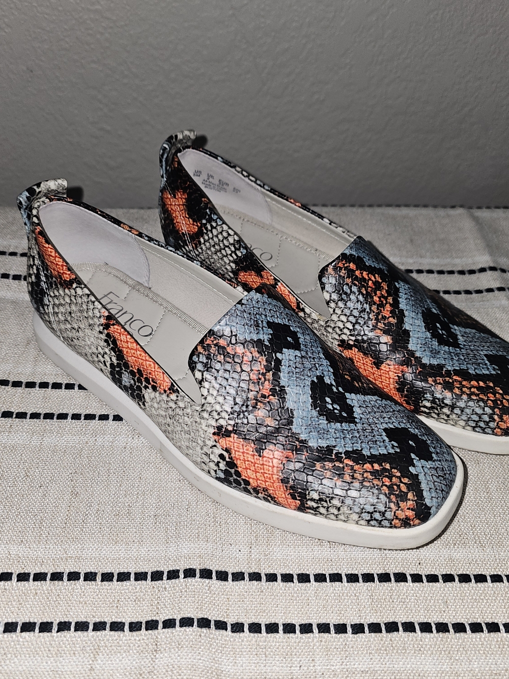 Franco Sarto Slip-On Sneakers in Orange, Blue & Black Snake Print
